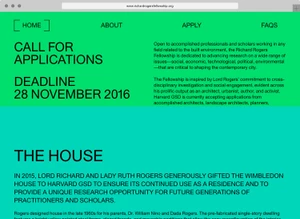 Web page screenshot for Richard Rogers Fellowship brand identity featuring bold typography and bright green background.