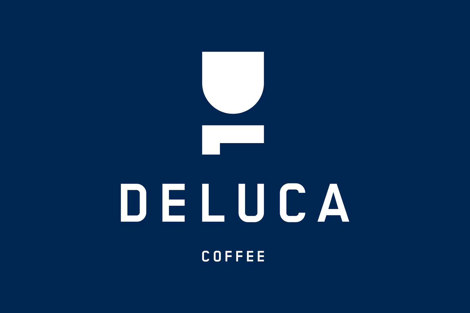 Deluca Coffee brand identity logo featuring white typography and graphic icon on a deep navy blue background