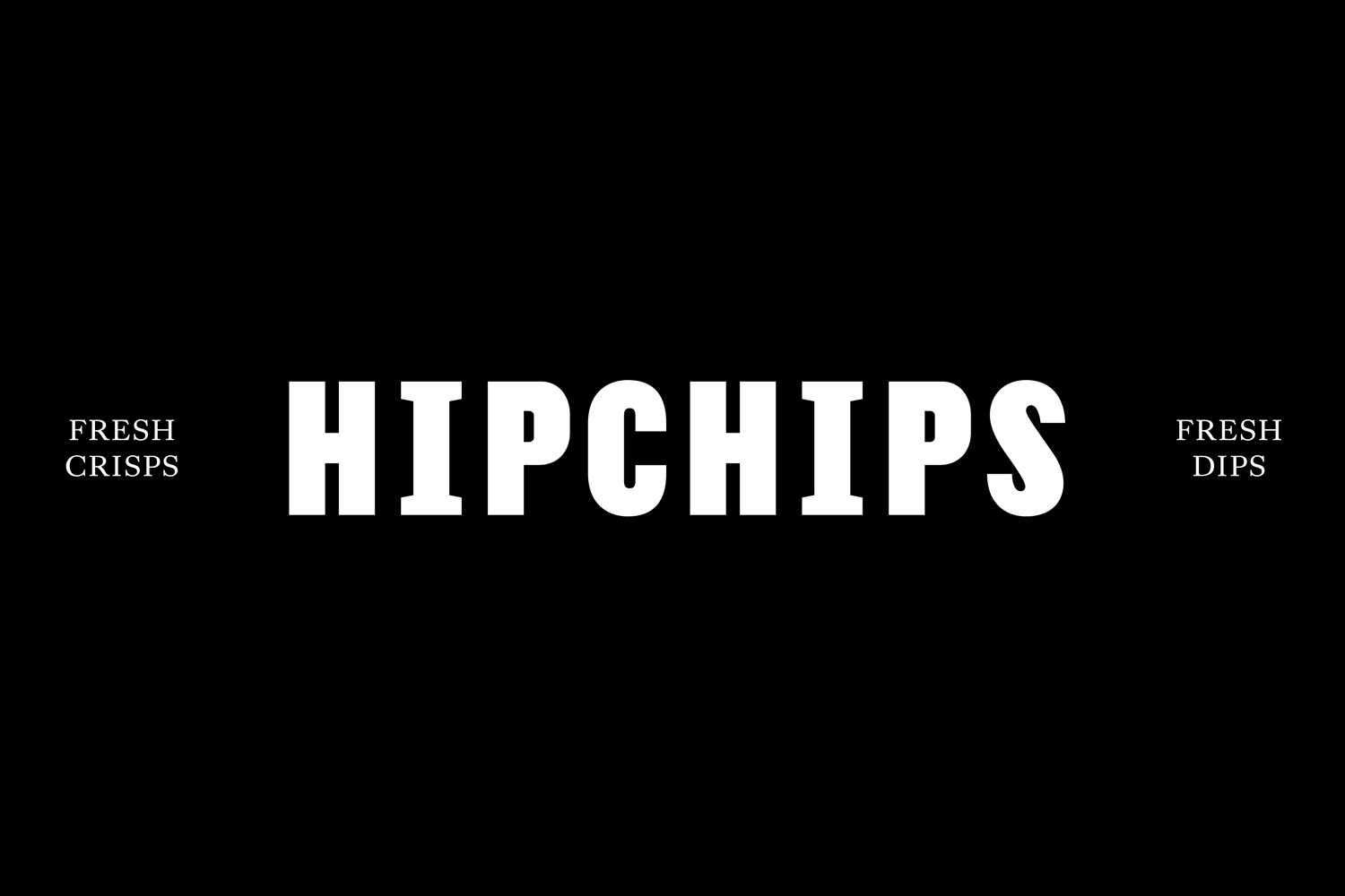Bold white typography spelling HIPCHIPS centered on a solid black background with secondary text on left and right.