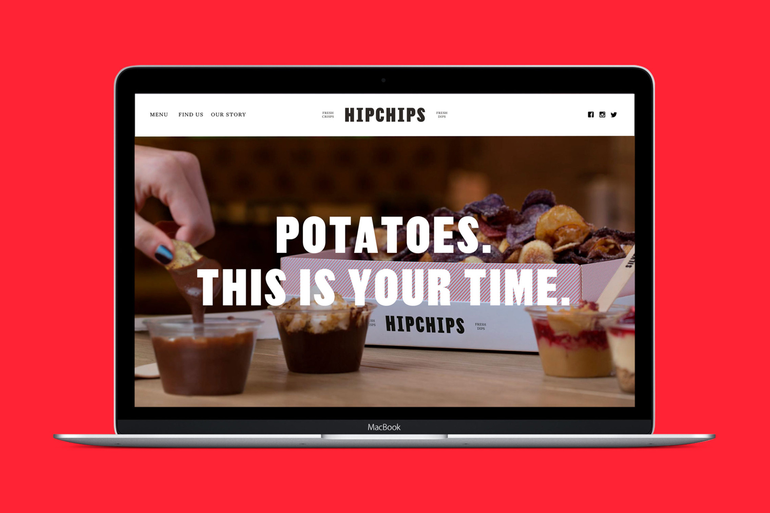 Laptop displaying Hipchips website featuring bowls of crisps, dips, and bold typography against a vibrant red background.