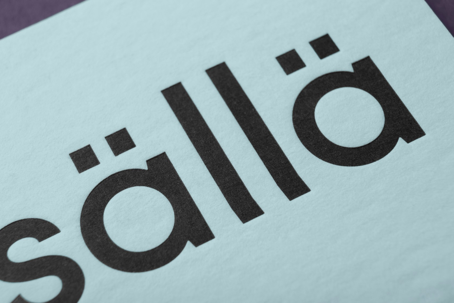 Close-up macro shot of black embossed typography reading Sisällä on textured light blue paper stock.