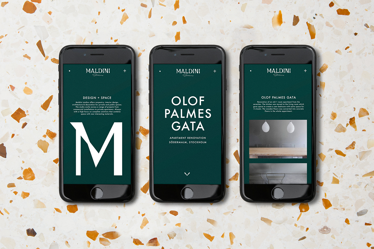 Three smartphones displaying mobile website screens for Maldini Studios set against a terrazzo pattern surface.