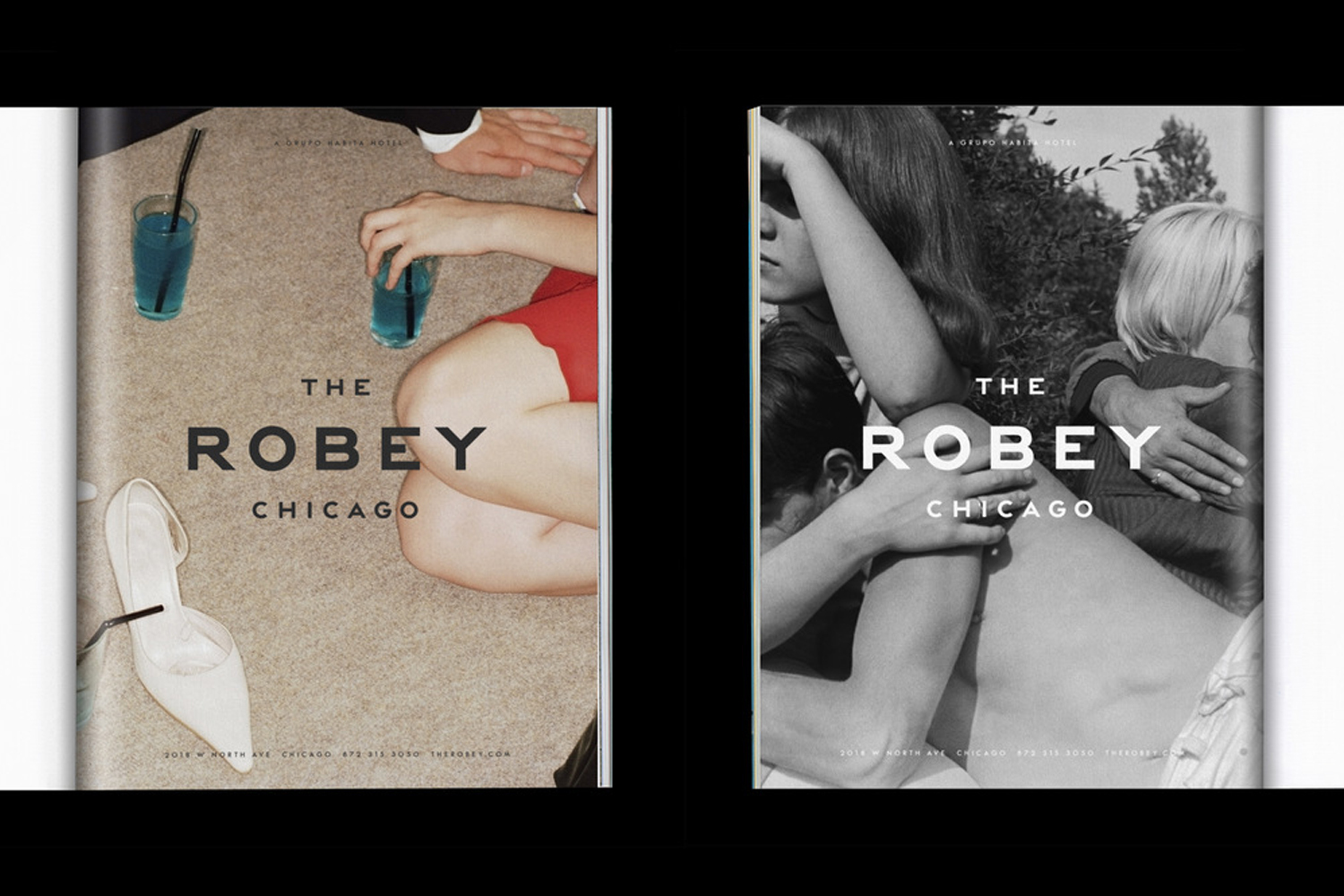 Two printed pages showing graphic brand identity layouts for The Robey Chicago with photography and typography