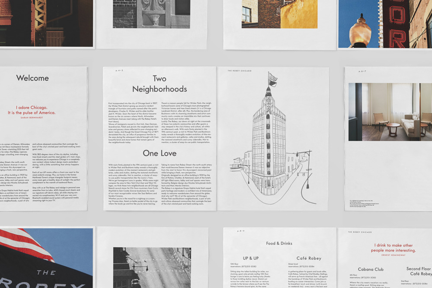 Spread and pages of The Robey brand identity featuring typography, architectural sketches, and photography by Javas Lehn Studio