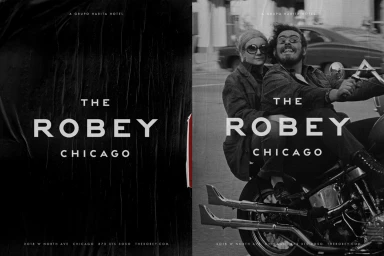 Black and white graphic design poster for The Robey hotel featuring a couple riding a vintage motorcycle on a city street.