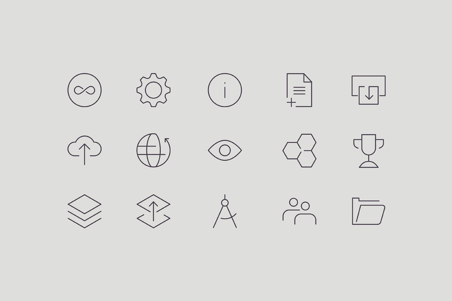 Minimalist grid of fifteen thin grey vector outline icons on a light grey background