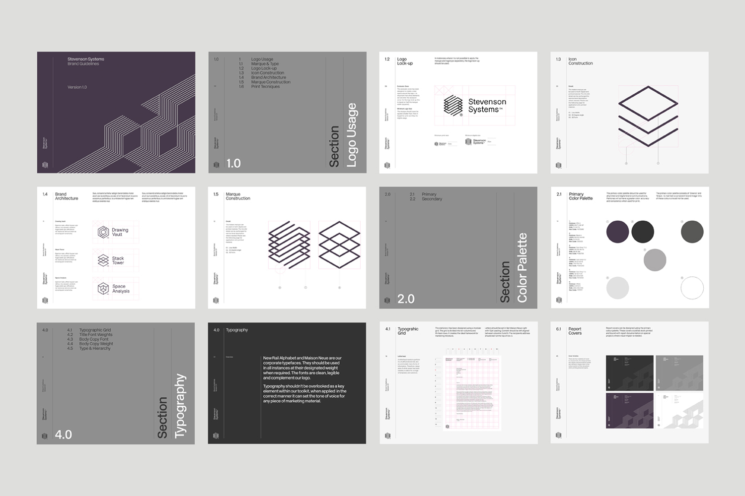 Grid of twelve slides showcasing brand identity guidelines, logo usage, color palette, and typography for Stevenson Systems.