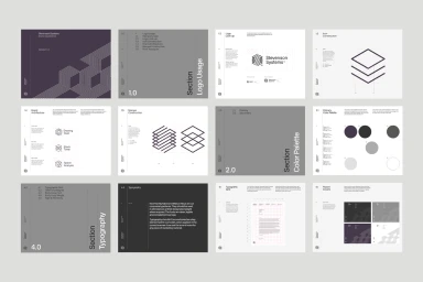 Grid of twelve slides showcasing brand identity guidelines, logo usage, color palette, and typography for Stevenson Systems.