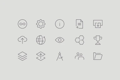 Minimalist grid of fifteen thin grey vector outline icons on a light grey background