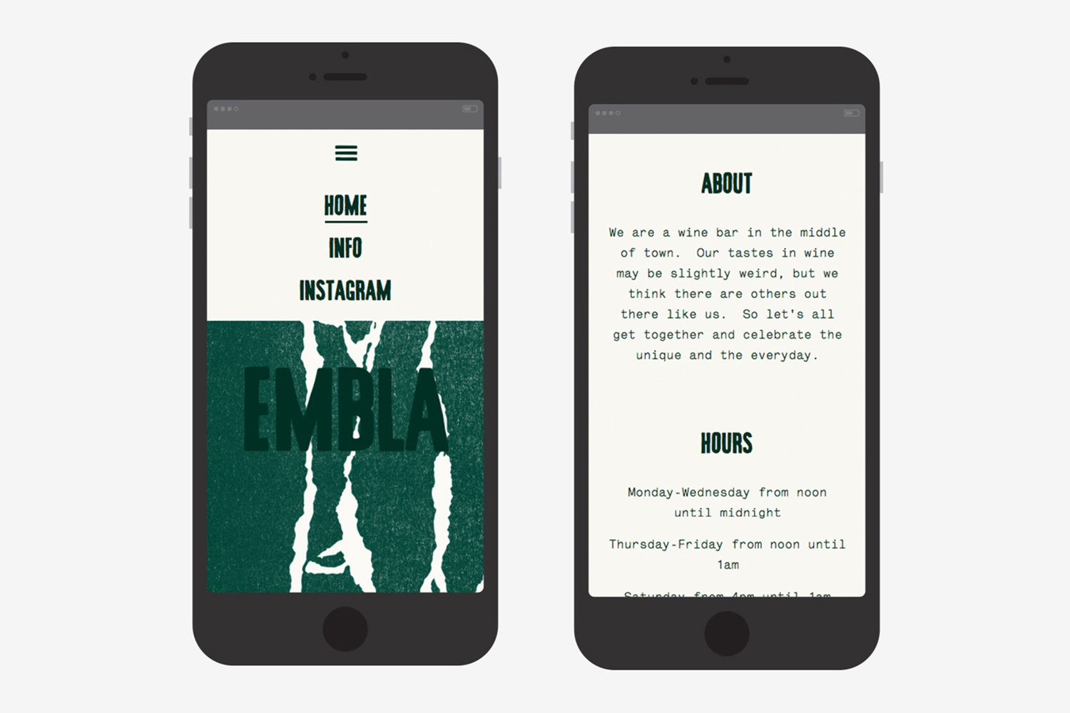 Two mobile phone mockups displaying a wine bar website design with green typography and textured branding elements.