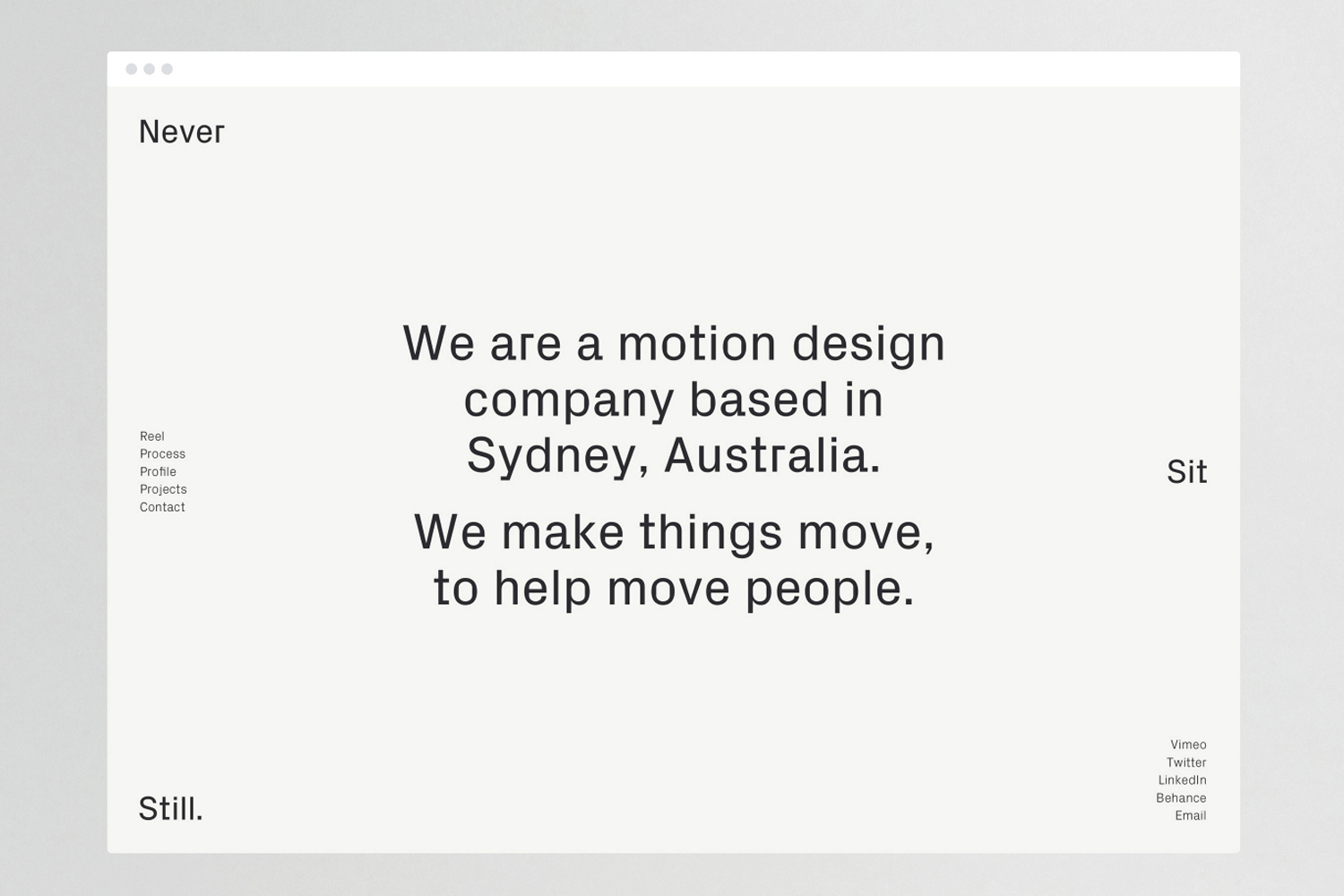 Minimalist digital interface design featuring centered typography on a clean white background with navigation elements.
