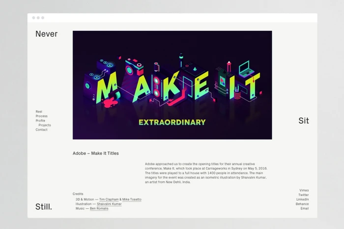 A website interface displaying isometric 3D typography spelling MAKE IT with neon glowing details on a dark background