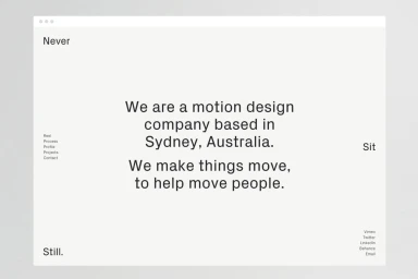 Minimalist digital interface design featuring centered typography on a clean white background with navigation elements.