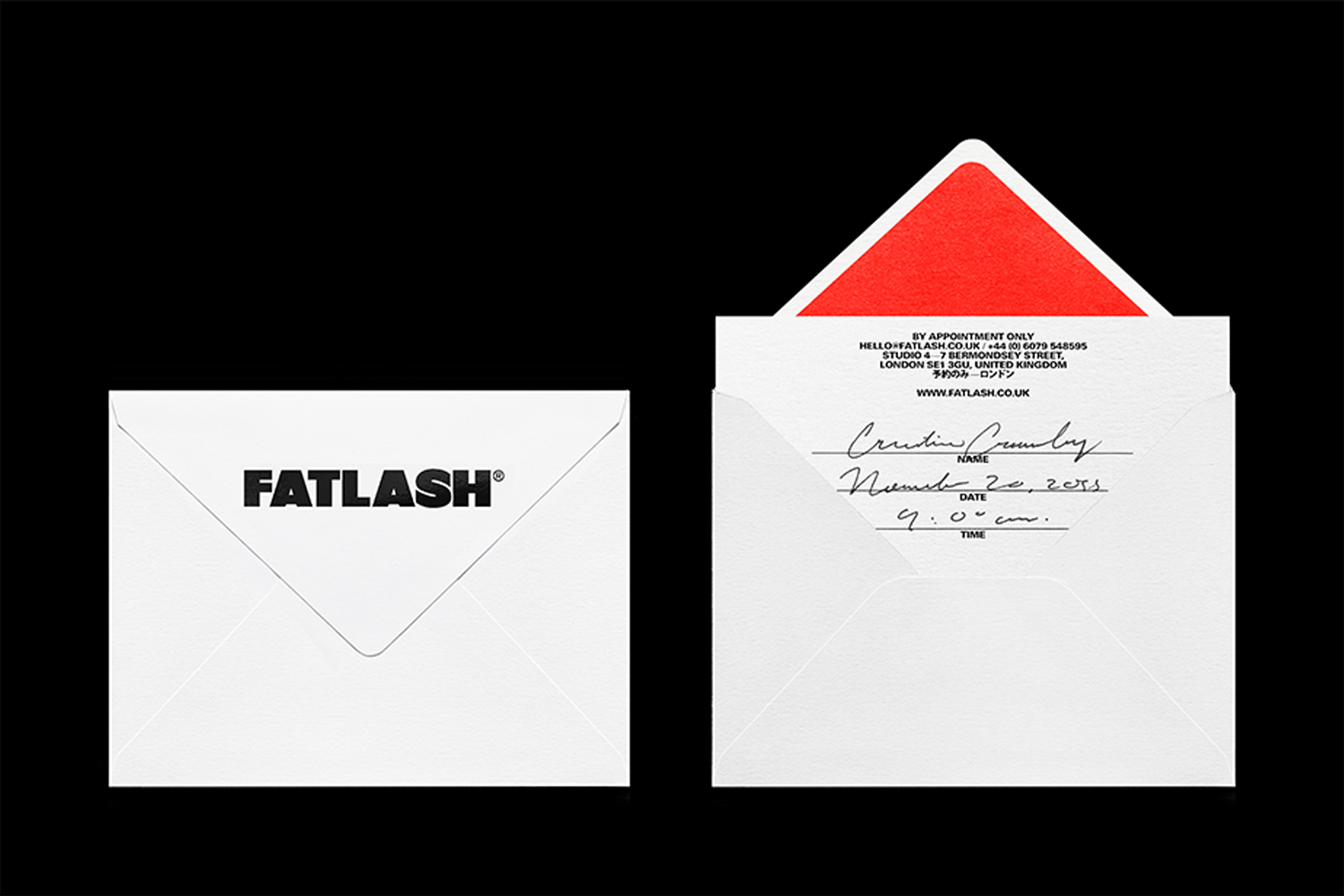Two white envelopes for brand Fatlash, one sealed showing bold logo and one open with a bright red insert against a black background.