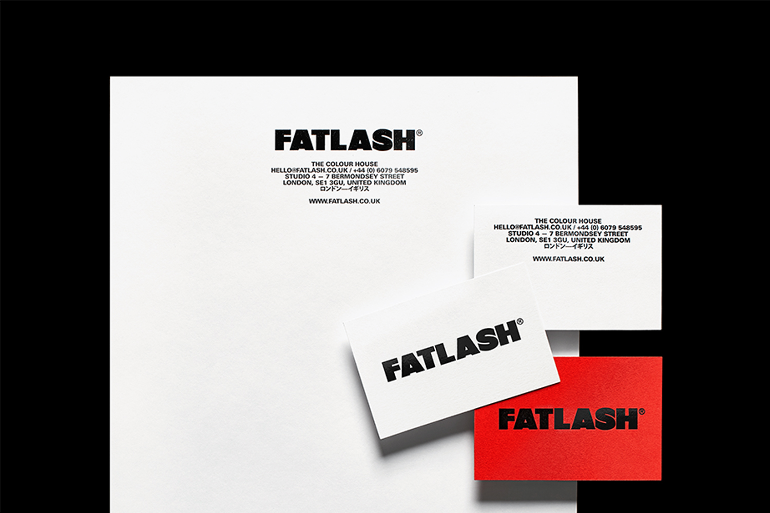 Fatlash brand identity stationery featuring a letterhead and business cards with bold black typography on white and red paper.