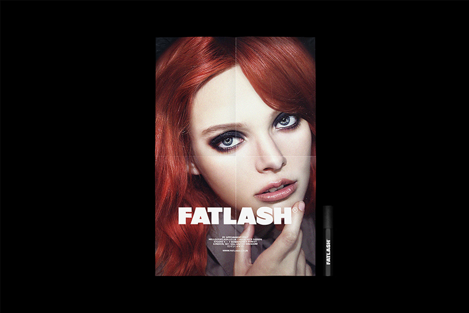 Close-up beauty portrait of a woman with red hair and dark eye makeup next to a black mascara tube for Fatlash brand identity.