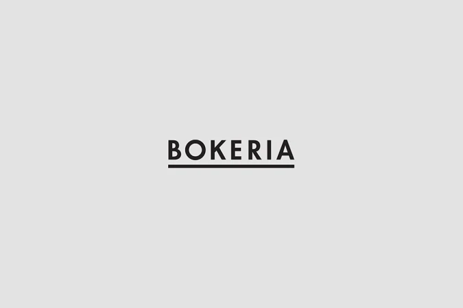 Bokeria brand logo centered in black uppercase letters with a horizontal rule underneath on a light grey background