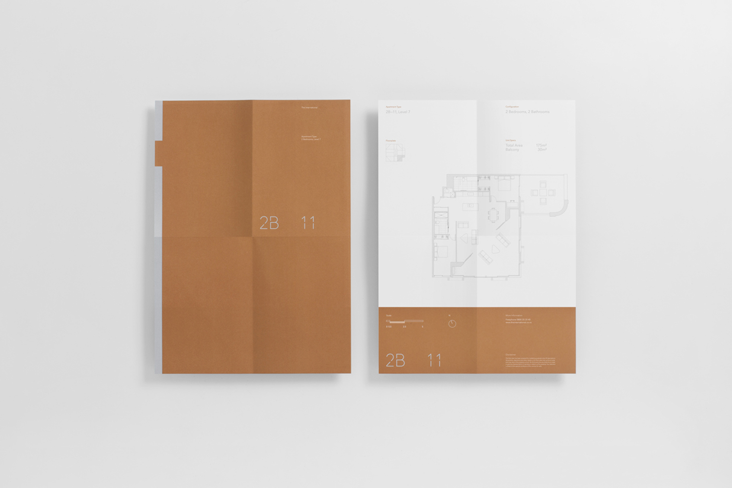 Two folded architectural brochure sheets featuring terracotta brown covers and floor plans against a clean white background