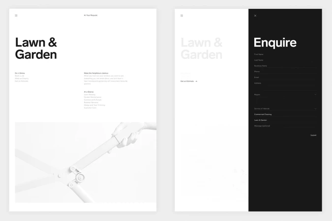 Monochrome web layout displaying minimal typography, user interface design, and form enquiry elements for At Your Request.