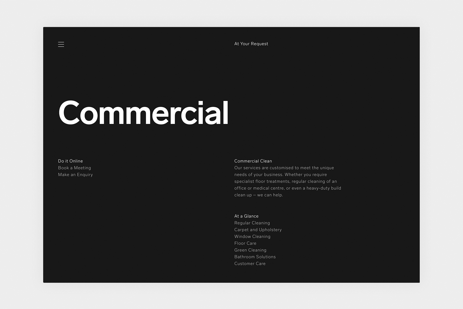 Minimalist dark website UI design layout for At Your Request brand featuring bold white typography and clean layout structure.