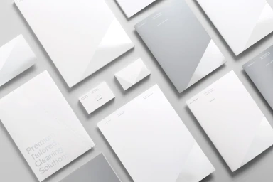 Flat lay of corporate stationery including letterheads, business cards, and folders in white and grey on a light grey surface.
