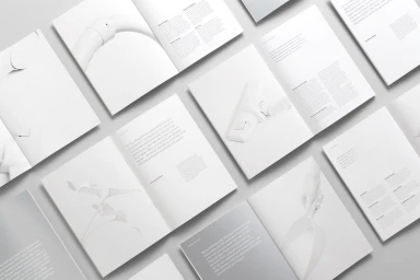 Flat lay of open brochures and manuals featuring minimalist typography and clean product photography on white background.