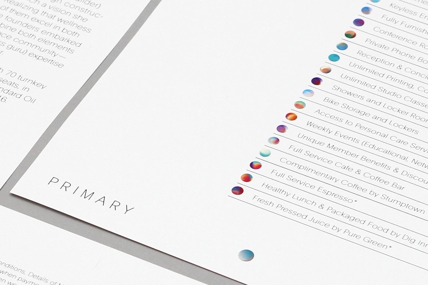 Close-up of printed brand identity document on white paper featuring the word PRIMARY and a list of amenities with circular color gradients.