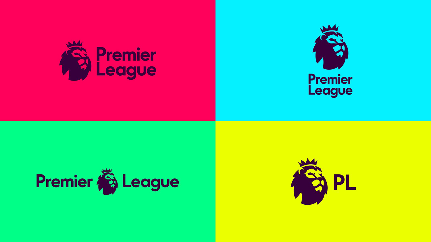 Premier League brand identity design featuring colourful quadrants with the crowned lion logo and typography by DesignStudio.