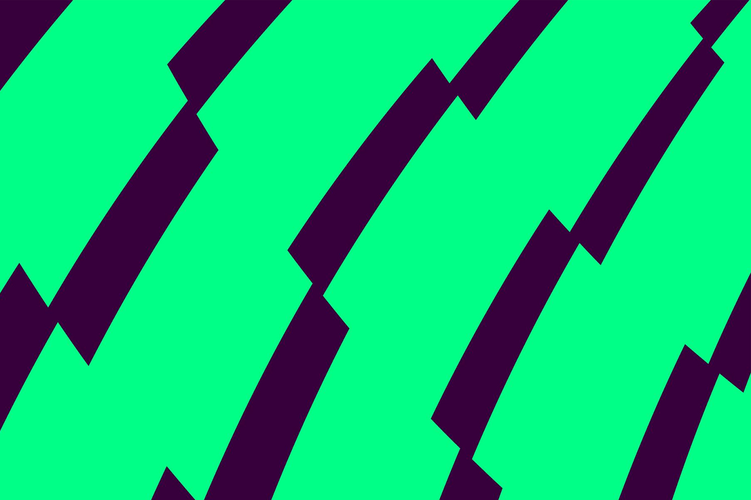 Bold geometric brand identity pattern featuring diagonal green and dark purple stripes.