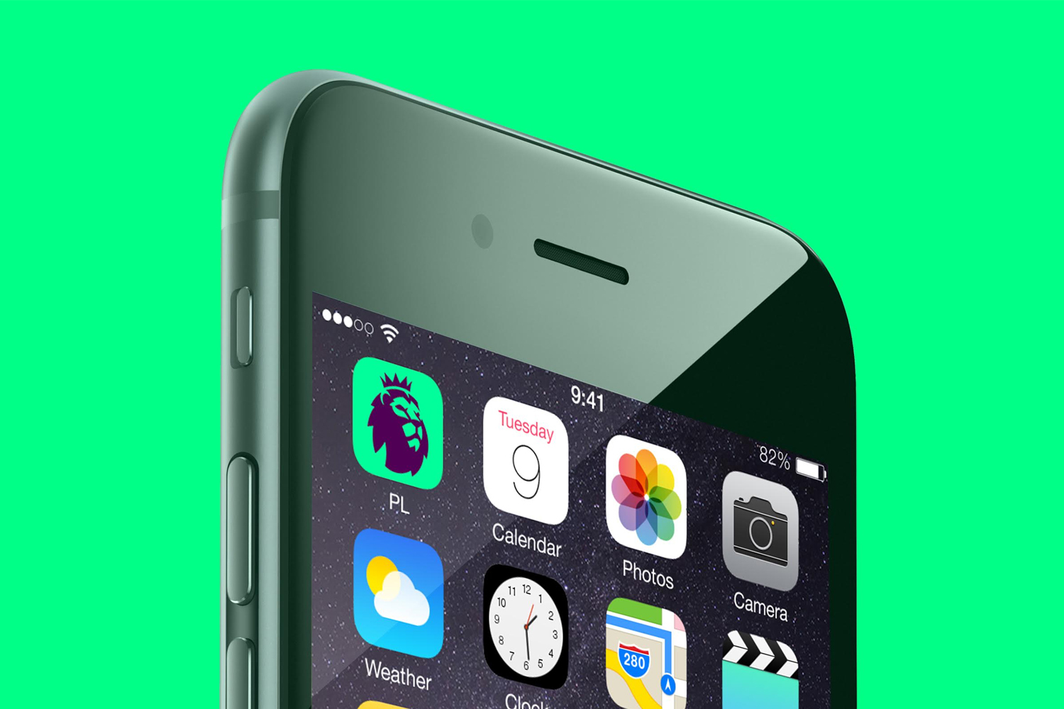 Close-up of a smartphone displaying app icons against a vibrant green background for the Premier League brand identity project