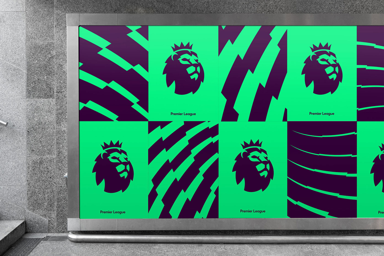 Outdoor billboard featuring vibrant green and purple Premier League brand identity graphics on a concrete wall.