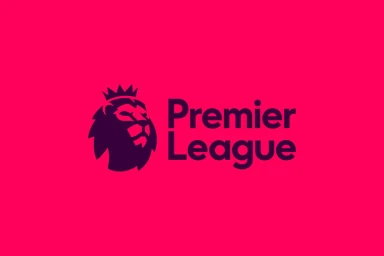 Premier League brand identity logo featuring a crowned lion silhouette and bold typography against a vibrant pink background.