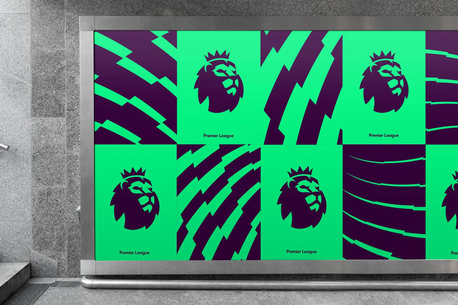 Outdoor billboard featuring vibrant green and purple Premier League brand identity graphics on a concrete wall.