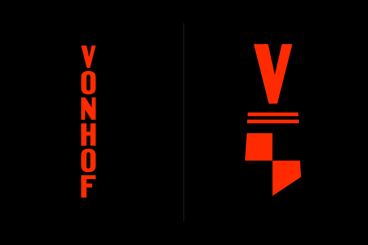 Vonhof brand identity graphic design featuring red typography and geometric shapes on black