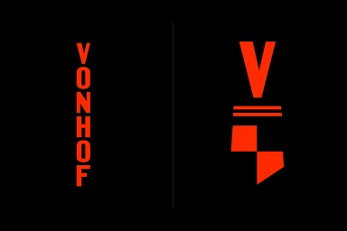 Vonhof brand identity graphic design featuring red typography and geometric shapes on black