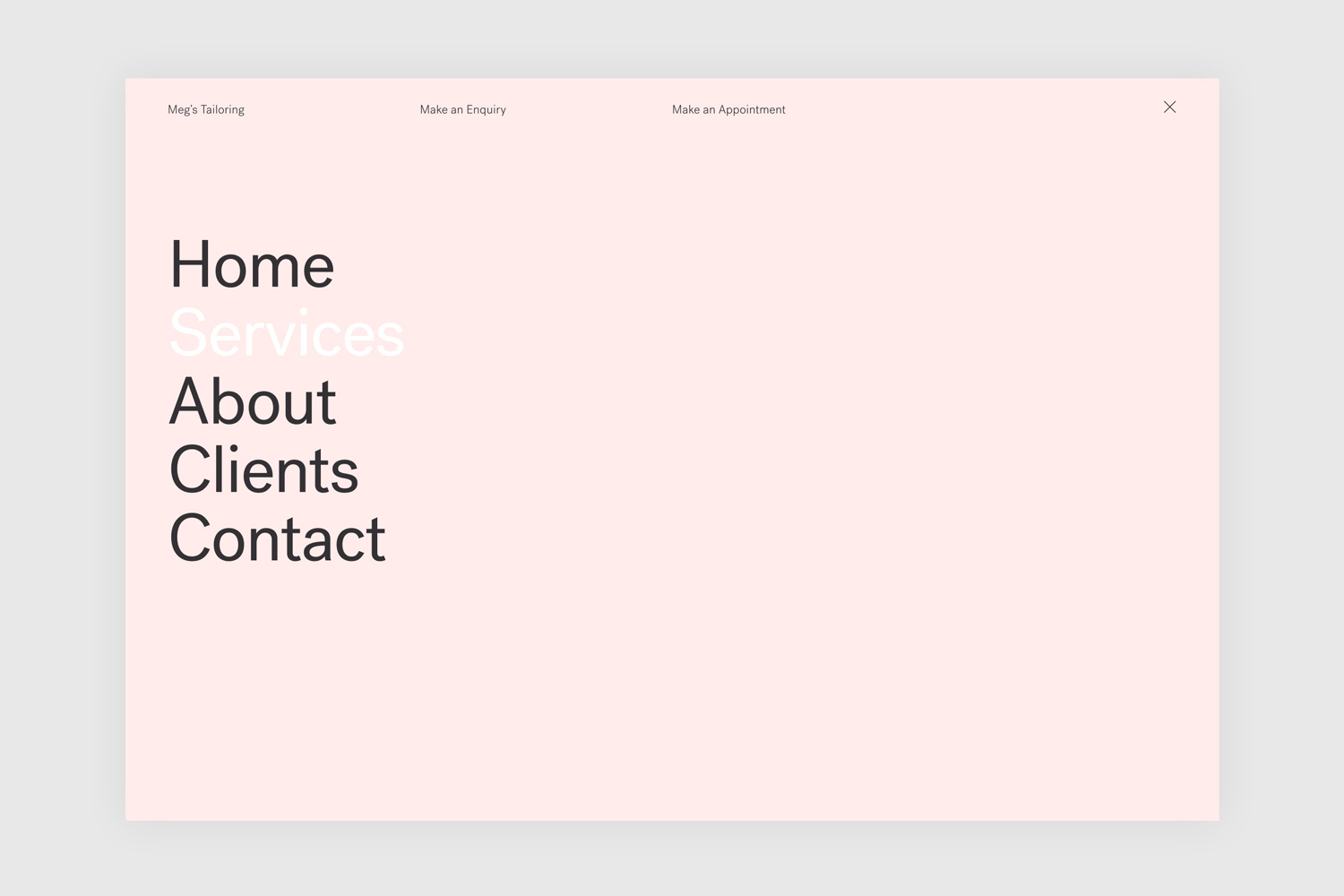 Minimalist website navigation menu with typography for Meg's Tailoring brand identity design project