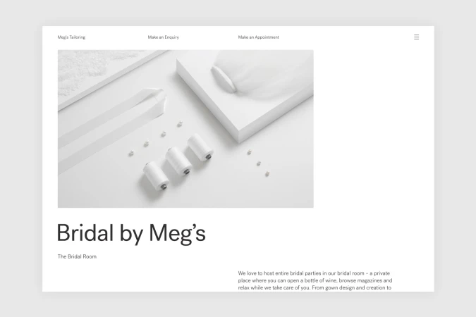 Website interface design for Meg's Tailoring featuring minimalist layout and white spool of thread imagery