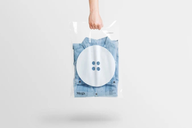 Hand holding a clear plastic garment bag containing a light blue denim shirt against a white seamless background
