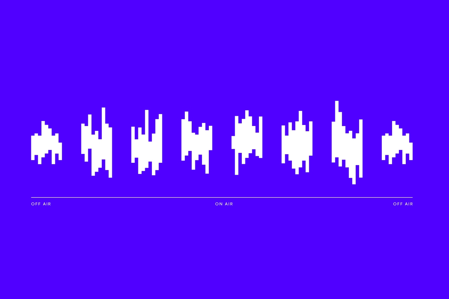 White graphic sound wave shapes on a vibrant blue background with thin horizon lines and text reading off air and on air