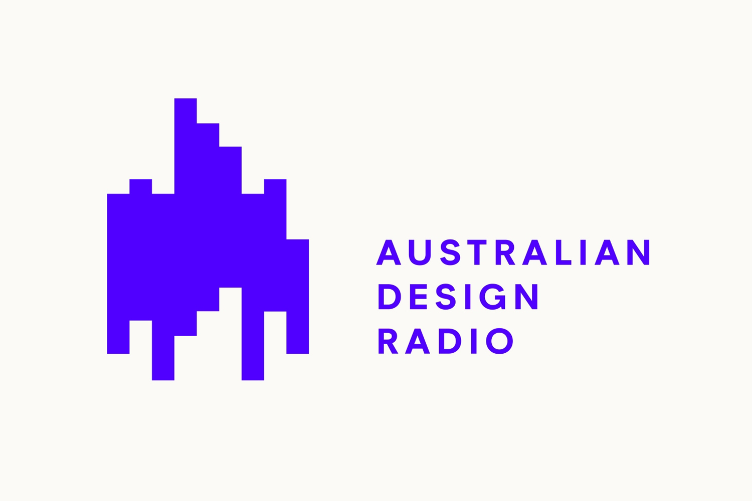A purple pixelated logo shape next to the text Australian Design Radio on a clean off-white background.