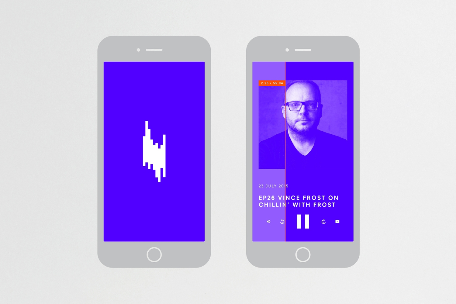 Two smartphone mockups displaying a vibrant purple podcast interface with white audio waveform graphics and typography.