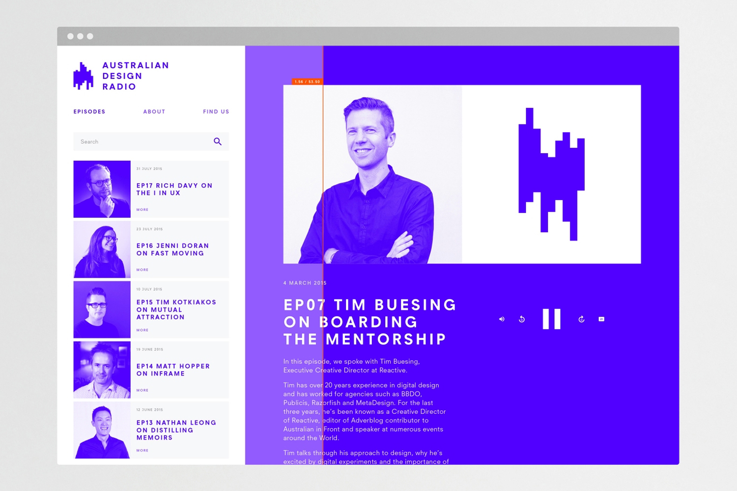 Web design mockup for Australian Design Radio showing a purple and white layout featuring a man with arms crossed