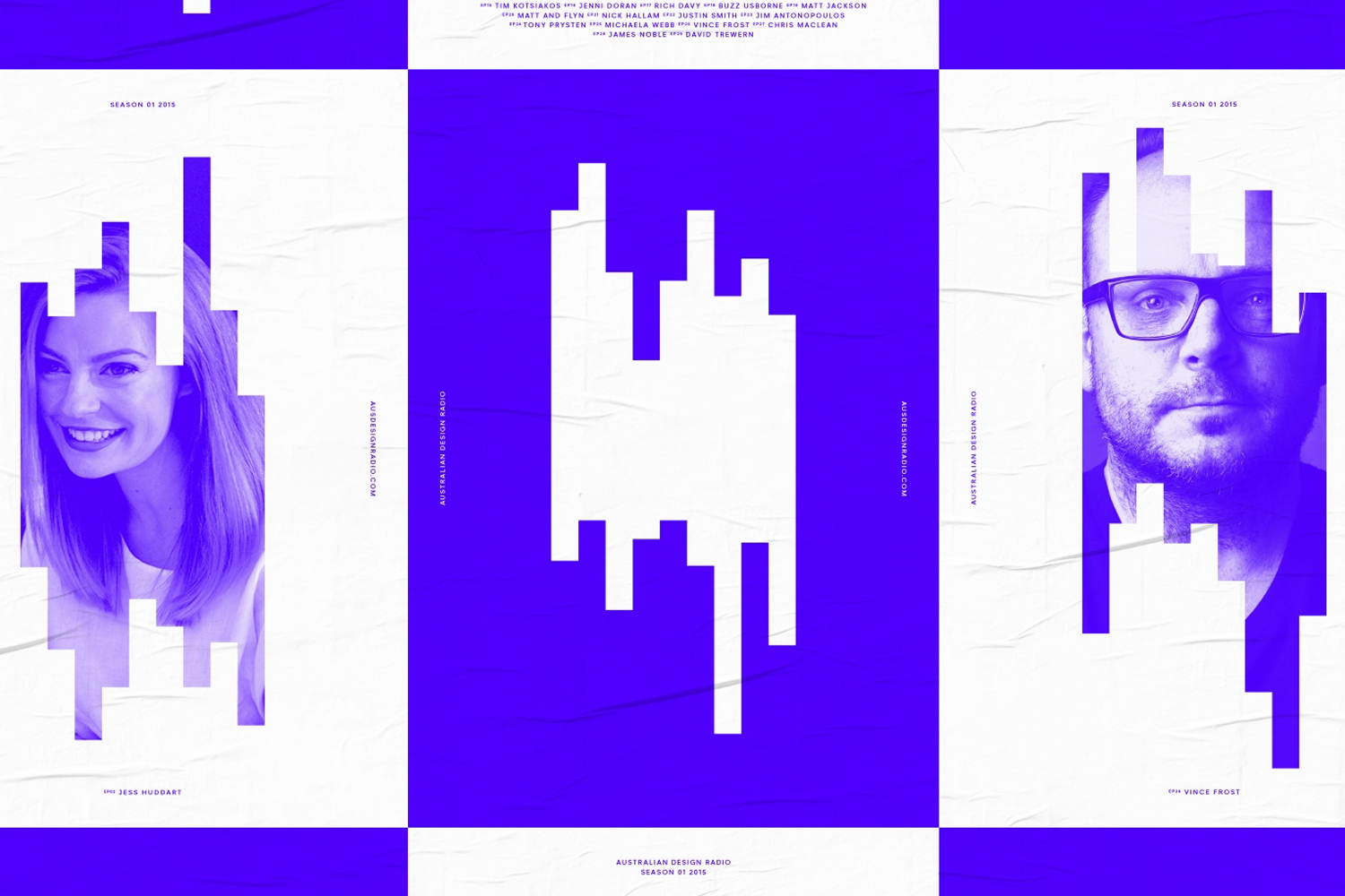 Australian Design Radio brand identity graphic featuring purple and white vertical panels with portraits and typography