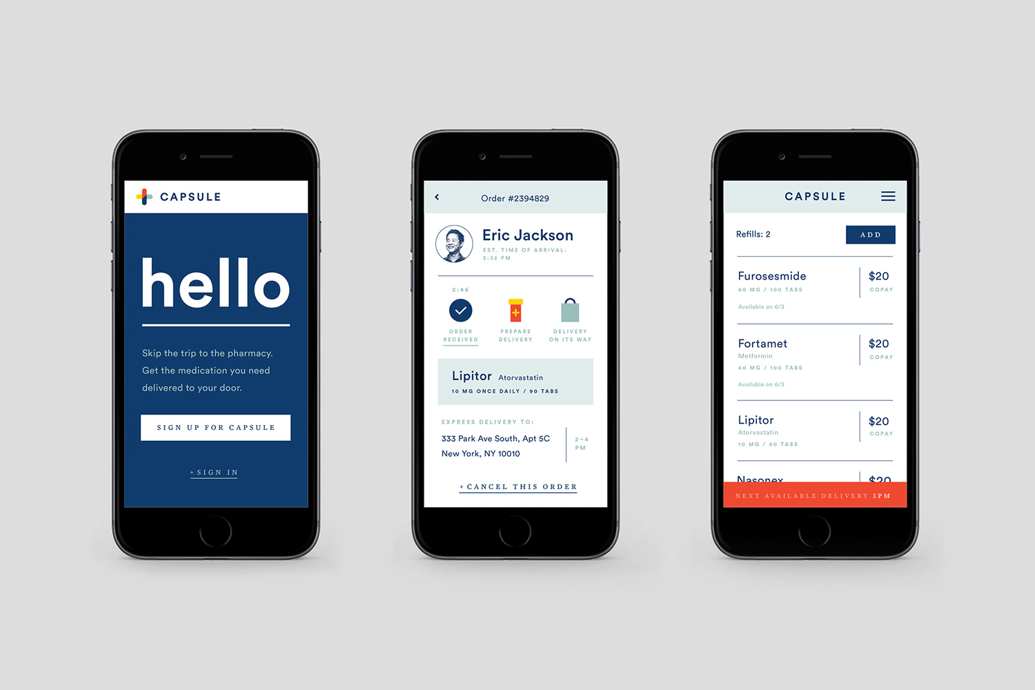 Three black smartphones displaying mobile application user interface designs against a solid light grey background.