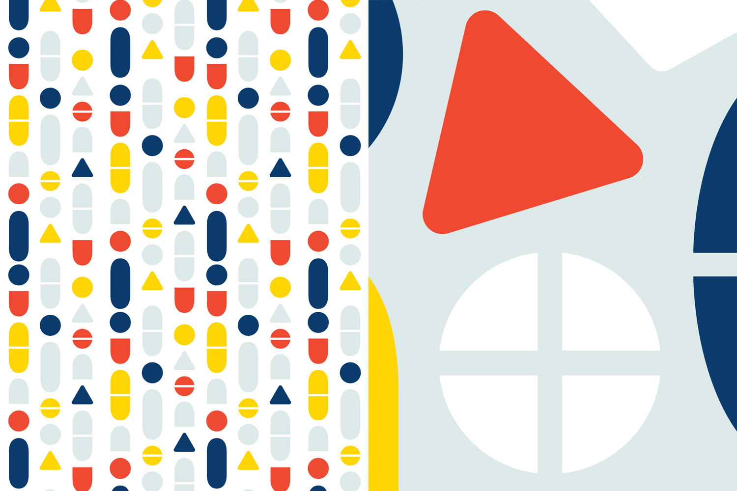 Graphic design pattern featuring vertical columns of colorful abstract shapes and larger geometric elements in red, blue, and yellow.