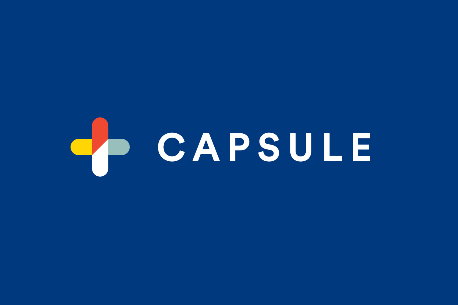 Capsule brand identity logo featuring a colorful pill icon and white typography on a deep blue background.