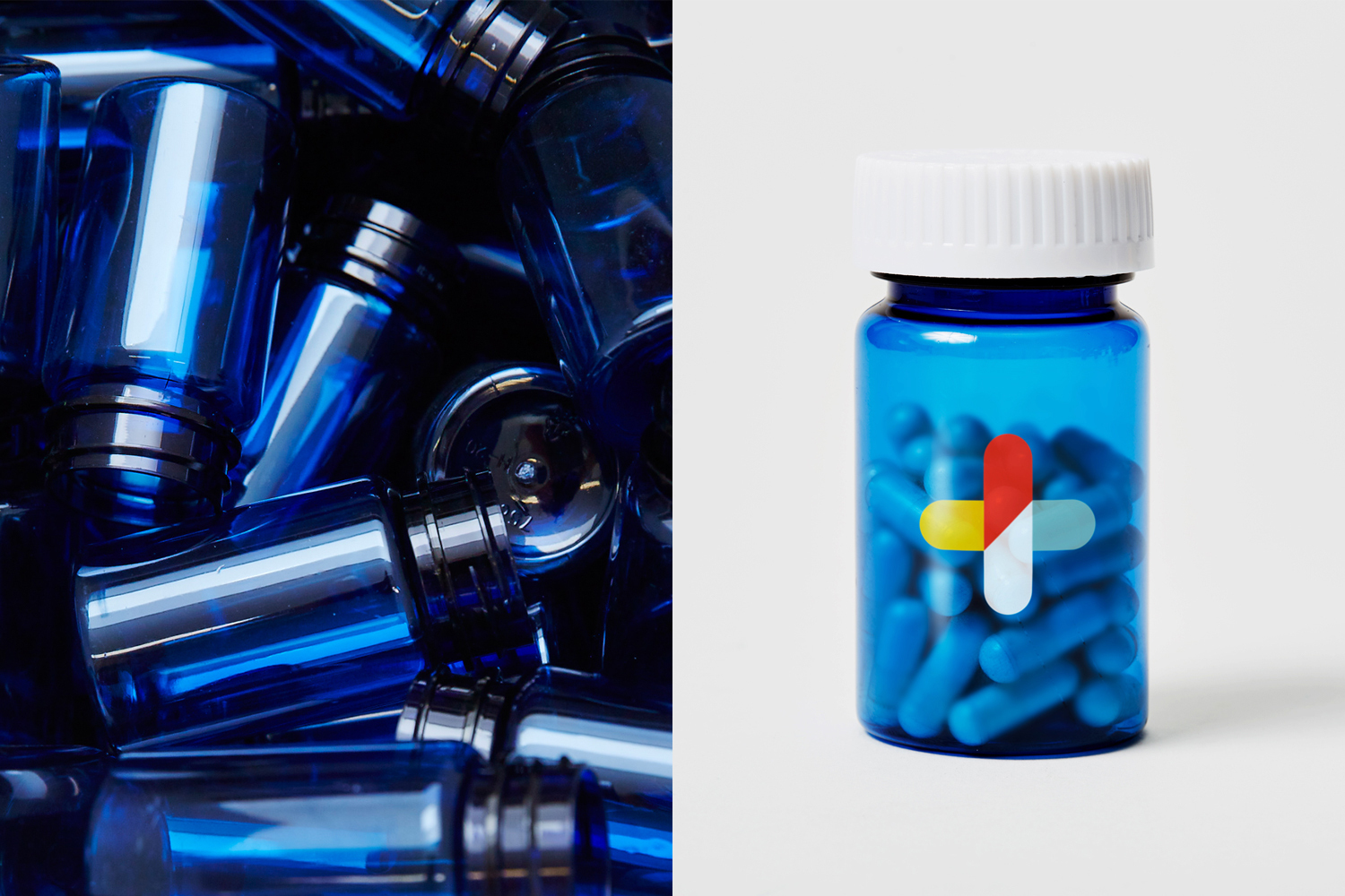 Split view of cobalt blue medicine bottles and a single blue pill bottle with a white cap and cross logo on white