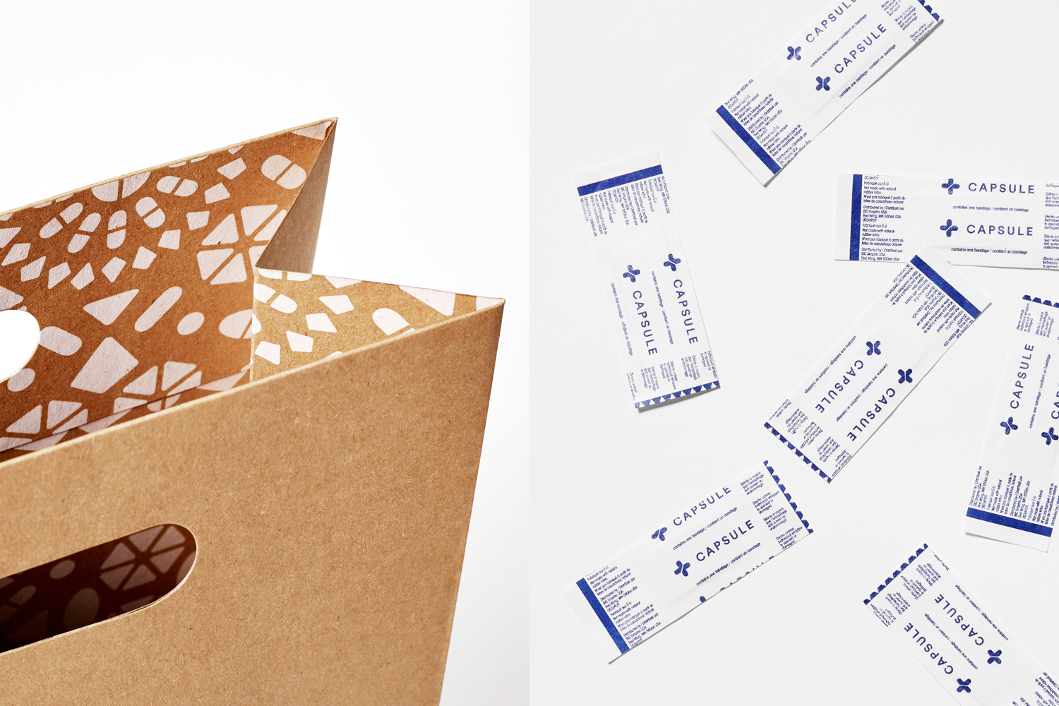 Close-up of a brown kraft paper bag with patterned interior alongside branded Capsule packaging strips on a white surface.