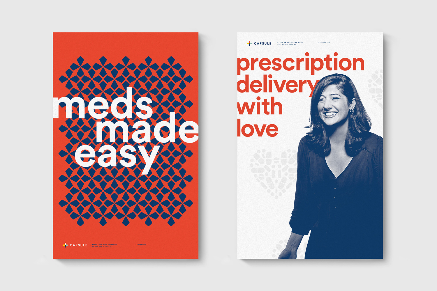 Two branding posters for Capsule featuring bold typography, red and blue color schemes, and a smiling woman portrait.