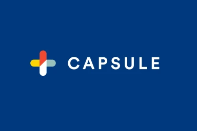 Capsule brand identity logo featuring a colorful pill icon and white typography on a deep blue background.